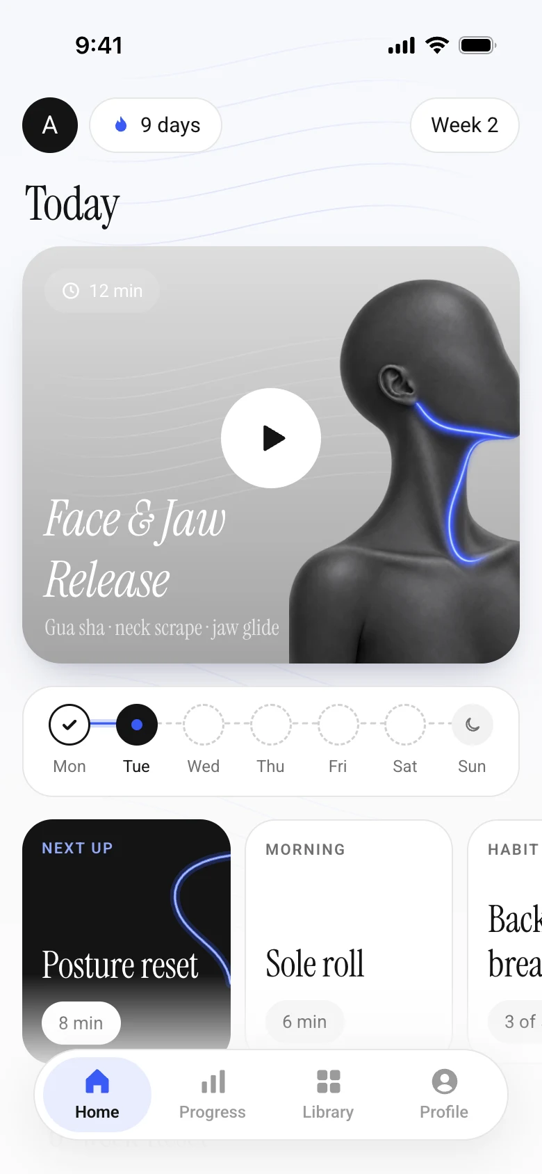 Fascoria home screen: today's 12-minute Face & Jaw Release routine