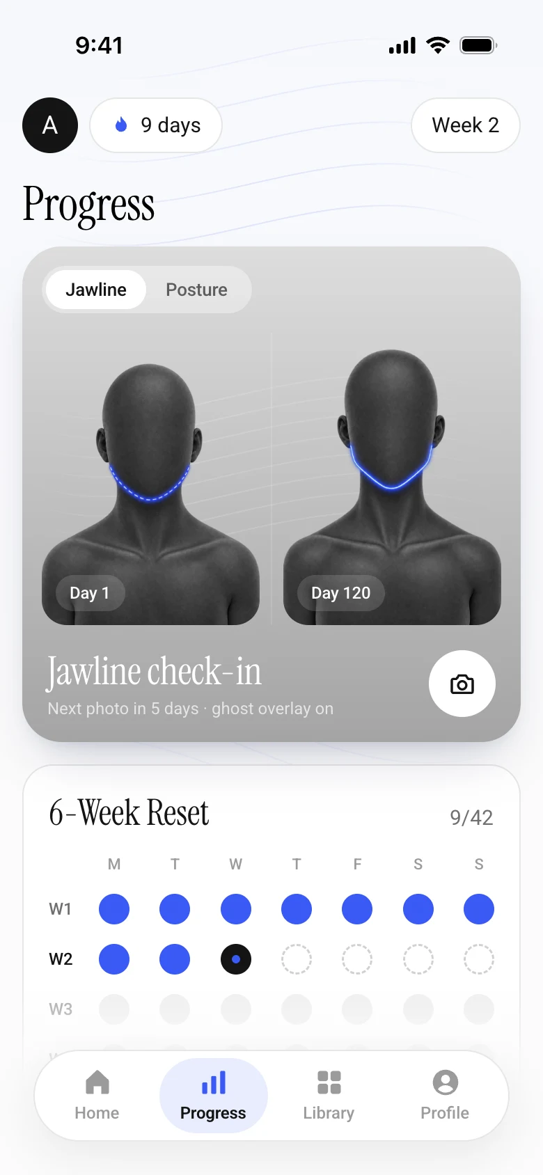 Progress screen: Day 1 and Day 120 jawline check-in