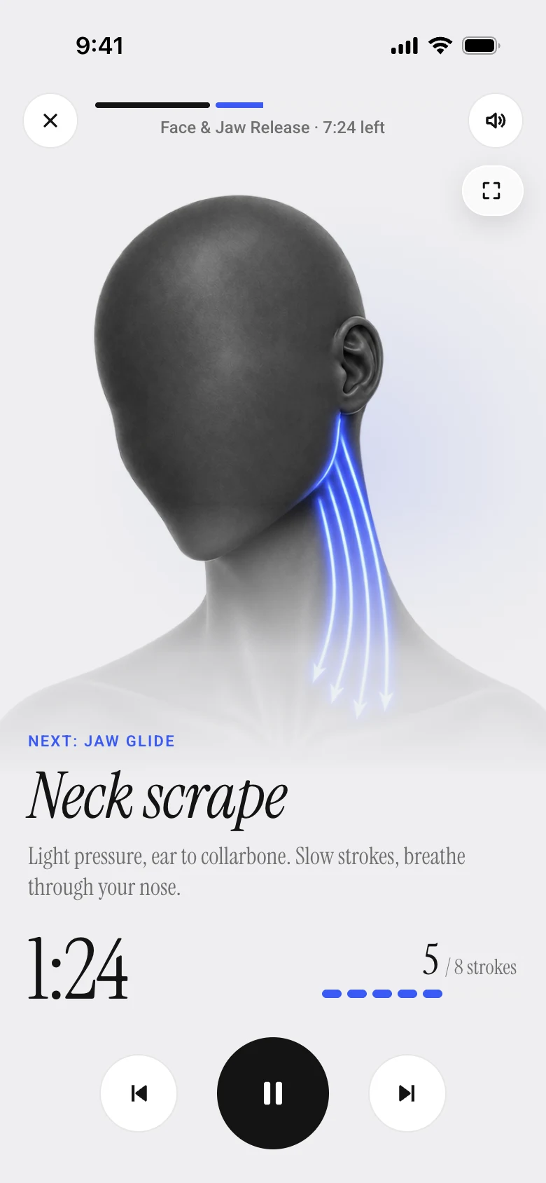 Session player: neck scrape with timer and rep counter